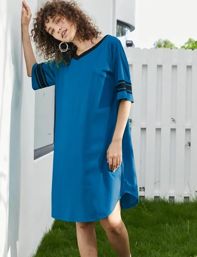 Vista 2 de Ekouaer Camisón para mujer, de algodón, con cuello en V, manga corta, holgado, cómodo, para dormir, tallas S-XXL