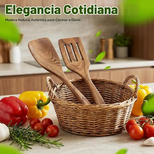 Vista 7 de AIUHI 2 espátulas de madera, mango largo de madera de teca, espátula plana para freír, utensilios de cocina antiadherentes para cocina