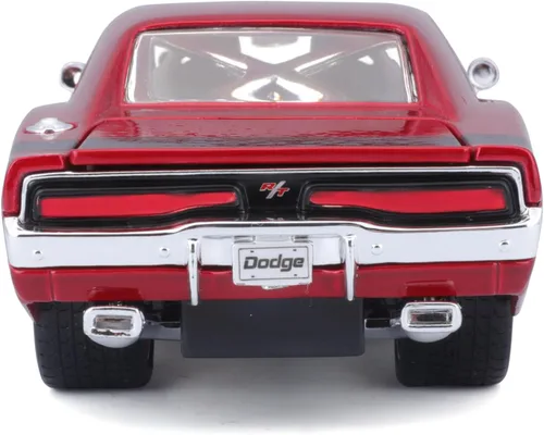 Vista 4 de 1969 Dodge Charger R/T Rojo Metálico con Capucha Negra y Rayas Negras Classic Muscle 1/25 Modelo de Auto Fundido a Presión por Maisto