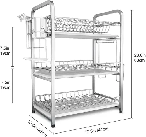 Vista 7 de YUEGOO Escurridor de platos de acero 304 con soporte y organizador de utensilios, 3 capas, estante para secadora de platos, gran capacidad, ahorro