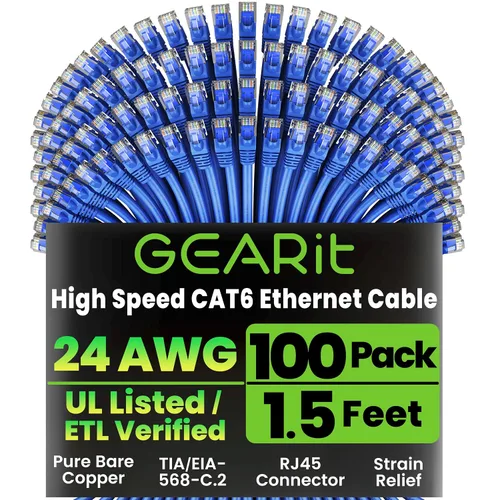 Vista 15 de GEARit Paquete de 100 cables Ethernet Cat6 de 0.5 pies Cable de conexión de red RJ45, conectores chapados en oro sin enganches de 10 Gbps, cable