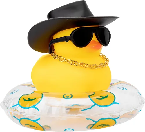 Vista 30 de wonuu Pato de goma para automóvil, decoración de pato amarillo con sombrero para el sol, anillo de natación, collar, gafas de sol para decoración