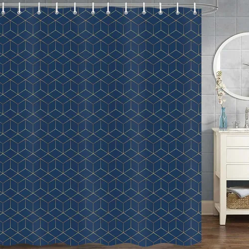 Vista 11 de JAWO Cortina de ducha geométrica negra y dorada, moderna cortina de baño de textura poligonal abstracta, cortina de baño de tela impermeable, 6
