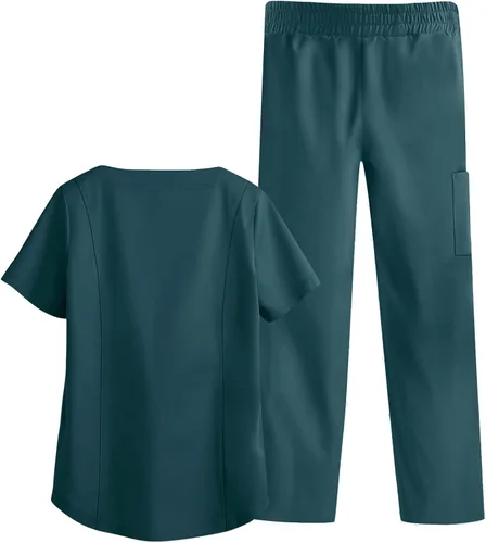 Vista 6 de Conjunto de uniforme médico para mujer, elástico en 4 direcciones, bolsillos ligeros, cuello en V, conjunto de ropa quirúrgica con cordón elástico
