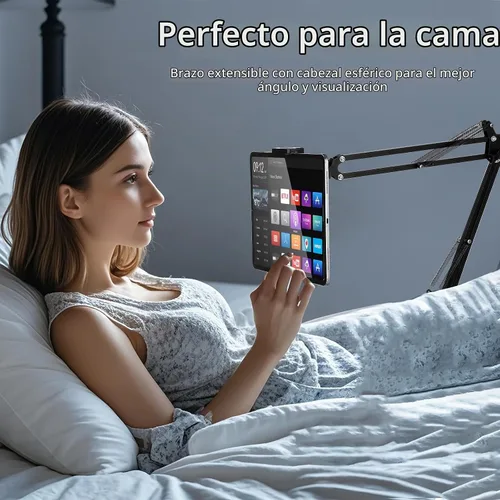 Vista 4 de Soporte de piso para tablet con base estable de 12 libras, soporte para teléfono iPad con brazo elástico de altura ajustable para iPad Pro Air Mini