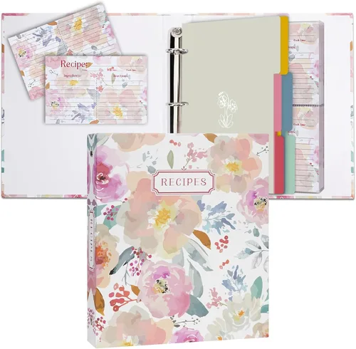 Vista 17 de Carpeta de recetas de 3 anillos de 8.5 x 9.5 pulgadas, juego organizador de recetas de página completa con 3 anillos con 25 páginas de ranura y 50