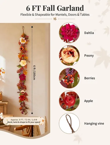 Vista 5 de NUPTIO Guirnalda de otoño de 6 pies para manto: decoración de otoño para el Peonía y dalia - Morado