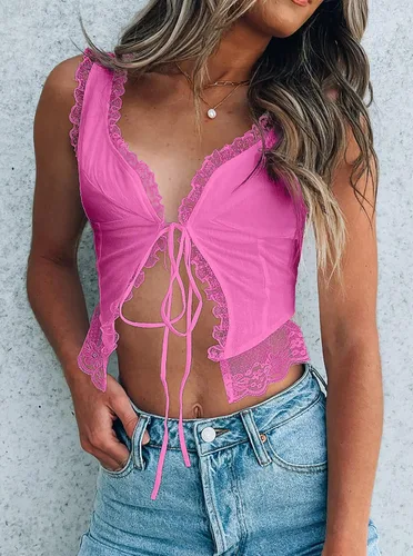 Vista 4 de CSDAJIO Camiseta sin mangas sexy de encaje para mujer, parte delantera abierta, con dobladillo asimétrico
