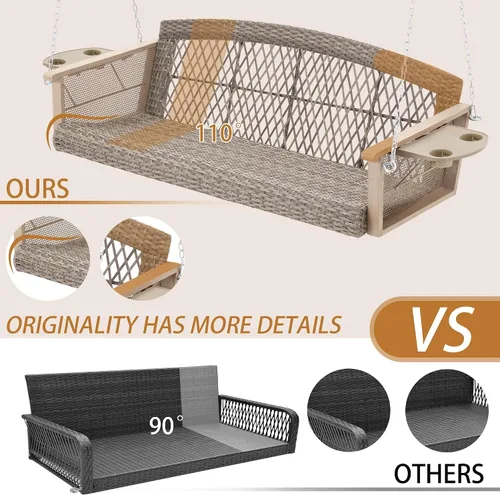 Vista 9 de HOMREST Columpio de mimbre para porche para 3 personas con portavasos mejorado, silla colgante de 56 pulgadas con cojines, columpio al aire libre