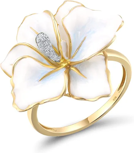 Vista 14 de Santuzza Anillo de diamante genuino de flor esmaltada de oro sólido amarillo de 10 quilates para mujer