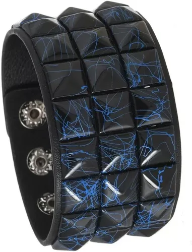 Vista 6 de Pulsera punk ancha de cuero – Pulsera pirámide de 3 filas – Pulsera de motociclista con tachuelas