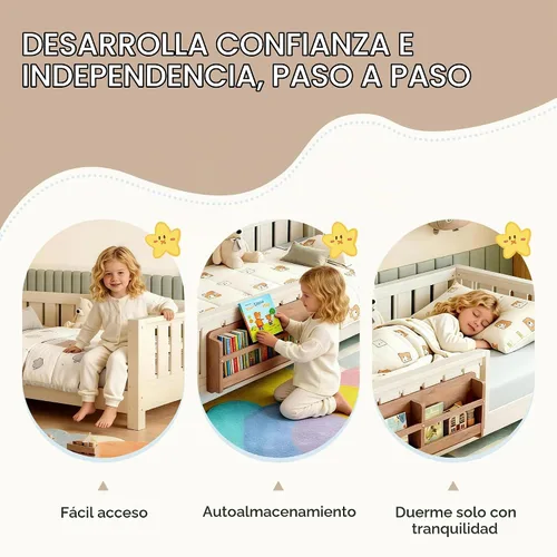 Vista 4 de Marco de cama Montessori Twin con estantería y barandillas, color beige