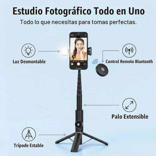 Vista 2 de Trípode para selfie stick portátil, extensible para teléfono celular, con mini anillo desmontable, trípode para teléfono con control remoto Negro