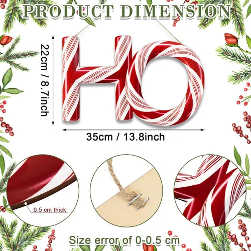 Vista 2 de Ho Ho Ho - 3 adornos para árbol de Navidad de 13.8 pulgadas con costuras de caramelo de menta roja y verde, adorno colgante de Navidad, corona