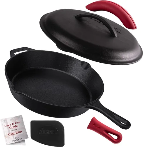 Vista 8 de Cuisinel Sartén de hierro fundido con tapa, juego de sartén cubierta pre-sazonada de 8 pulgadas + mango de silicona y soportes de tapa +