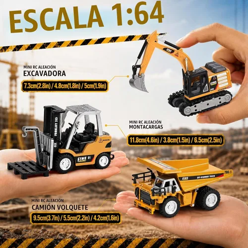 Vista 2 de YESHIN Vehículos de construcción a control remoto, 3 piezas de mini aleación de control remoto a escala 1:64 con caja de arena, camino programable