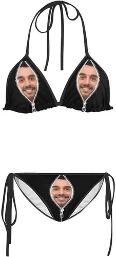 Vista 7 de Conjuntos de bikini personalizados para mujer, traje de baño triangular halter con cara, traje de baño sexy personalizado con lazo lateral