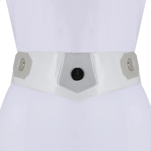 Vista 6 de NIHONCOS Disfraz de Halloween para mujer, vestido largo medieval blanco, conjunto completo con cinturón, accesorios de fiesta de cosplay