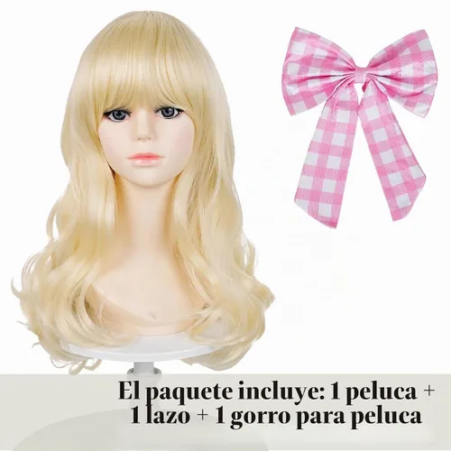 Vista 3 de Peluca rubia con clip de pelo con lazo rosa, peluca de princesa ondulada Rubia Flequillo
