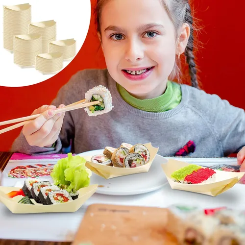 Vista 5 de Newtay 500 platos de bambú para aperitivo de 5.5 pulgadas, desechables, de madera, charcutería, hoja de barco, bandeja pequeña para servir sushi