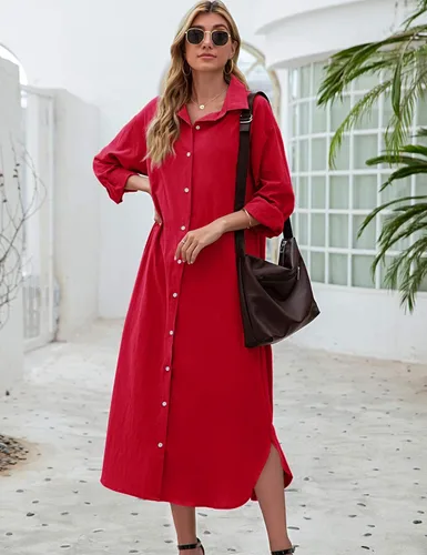 Vista 5 de Sopliagon - Vestido de algodón y lino para mujer, diseño de camisa, estilo casual, suelto y largo