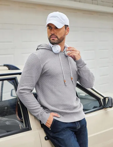 Vista 40 de COOFANDY Sudadera con capucha para hombre, casual, de manga larga, con cordón, de punto gofre, ajustada