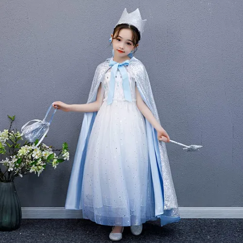 Vista 4 de Capa de princesa con capucha para niñas pequeñas, cosplay, capa de Elsa, capas de princesa azul, Navidad, Halloween, accesorios de fiesta
