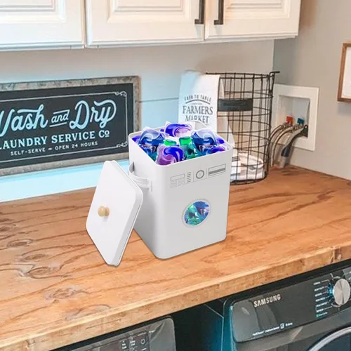 Vista 6 de Skywin Contenedor de metal para lavandería con tapa elevable, mango de madera para organización de la lavandería, recipiente para lavavajillas