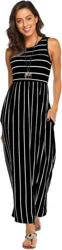 Vista 2 de Hount Vestido largo informal de verano para mujer holgado a rayas sin mangas con vuelo con bolsillos