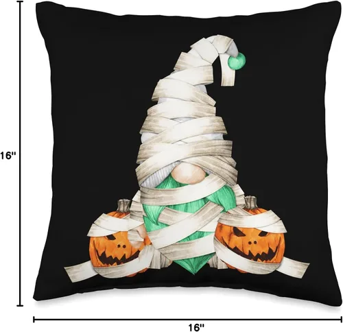 Vista 4 de Novelty Halloween Lover Gifts For Kids Gnome Stuff Lindas calabazas envolventes de momia para niños, cojín gráfico de gnomo de Halloween, 16 x 16