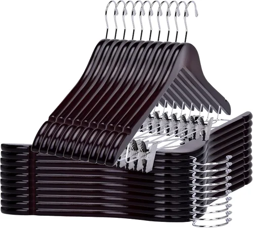 Vista 14 de Perchas de madera de calidad para faldas con clips, paquete de 10 perchas lisas de madera maciza para pantalones con clips de metal ajustables