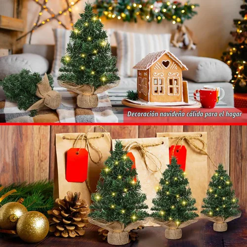 Vista 6 de Shappy 3 piezas de mini árbol de Navidad con luz preiluminada, árbol de Navidad artificial de mesa LED en miniatura con base de lino