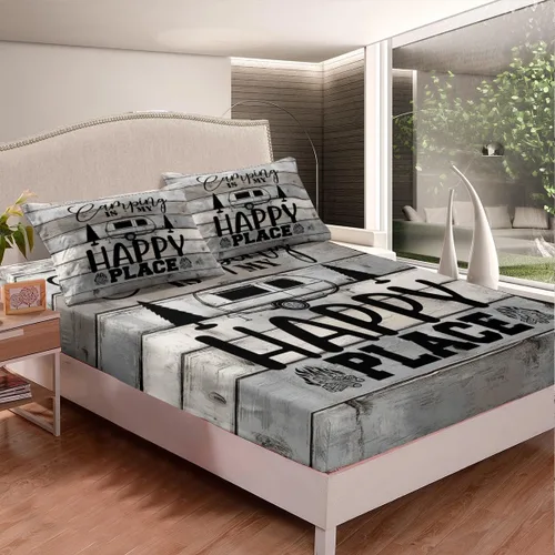 Vista 2 de Manfei Sábana bajera ajustable para campamento, tamaño individual, funda de cama con 1 funda de almohada, juego de ropa de cama vintage de madera