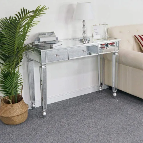 Vista 7 de Mesa de consola espejada, mesa de tocador de maquillaje con espejo de vidrio plateado para mujer, escritorio de escritura para el hogar, sala