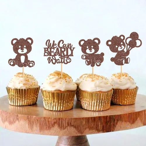 Vista 3 de 24 piezas de decoración para cupcakes con temática de "We Can Bearly Wait" Oso de globos brillantes, decoración temática de revelación de género
