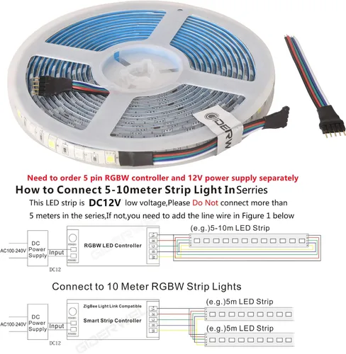 Vista 6 de GIDERWEL Tira de luz LED RGBW, 16.4 pies RGB + Blanco Frío SMD5050 Tiras LED flexibles de 12V 300LEDs, Tira de luz LED de cambio de color mixto