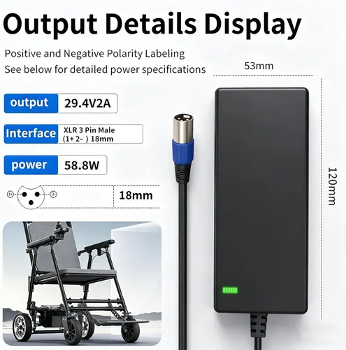 Vista 3 de Cargador de 29.4V 2A con enchufe XLR para 24V 7S Cargador de batería de litio 24V Cargador de batería universal