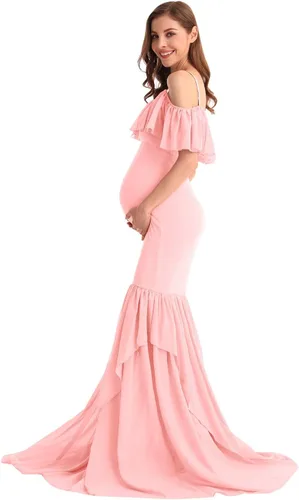 Vista 34 de MYRISAM Vestido de maternidad con volantes y hombros descubiertos para mujer, vestido de fiesta de sirena de gasa, vestido ajustado