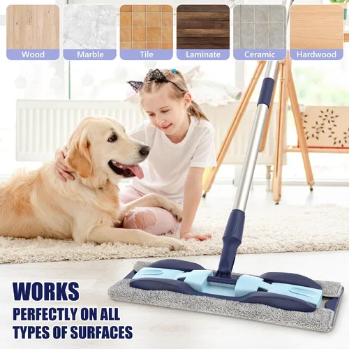 Vista 5 de Trapeadores de microfibra para limpieza de pisos: trapeador plano de madera dura 4 almohadillas lavables 59" Adjustable Handle, 360° Rotating