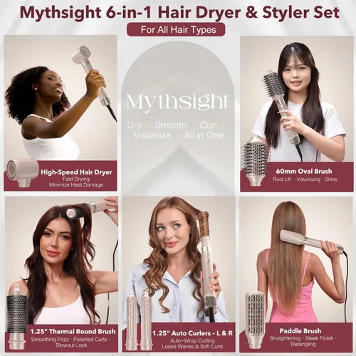 Vista 2 de Mythsight Estilizador de Aire StyleVibe 6 en 1 de Doble Voltaje, Secador de Cabello y Cepillo Secador con Estuche de Viaje - Rizos de Envoltura