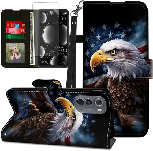 Vista 238 de Funda para Motorola Edge 2022 con protector de pantalla, soporte y tarjetero y correa para la muñeca, funda magnética para Moto Edge 2022 5G UW Lobo