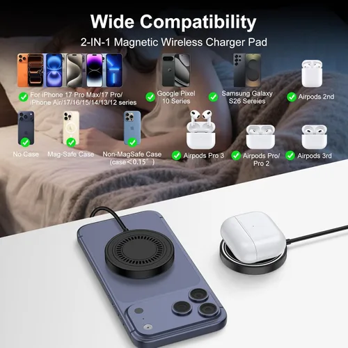 Vista 4 de Cargador inalámbrico magnético para iPhone 17e Mag-Safe, 2 unidades, cargador inalámbrico magnético de 15 W, almohadilla de carga rápida para iPhone