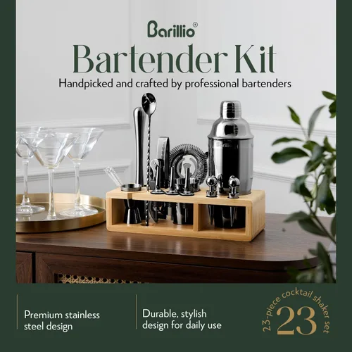 Vista 2 de Barillio Black Bartender Kit – Juego de coctelera de acero inoxidable con soporte de bambú – Herramientas de barra de mixología con coctelera