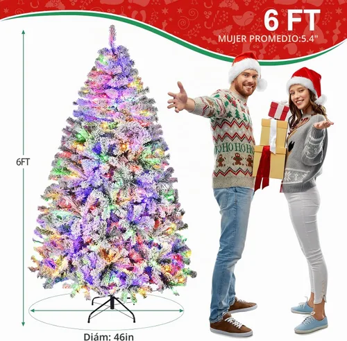 Vista 8 de Árbol de Navidad flocado de 6 pies preiluminado, árbol de Navidad artificial con control remoto, 250 luces LED de color blanco cálido y cambio