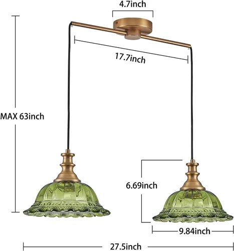 Vista 4 de HDDFL Lámpara colgante vintage moderna de vidrio verde con cable ajustable para isla de cocina, comedor, sala de estar, pasillo Verde y latón