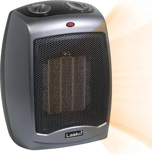 Vista 5 de Lasko Calentador de espacio de cerámica oscilante, 15.7 pulgadas, negro, 1500 W, CT16450 y calentador eléctrico de cerámica, 9.2 pulgadas, gris