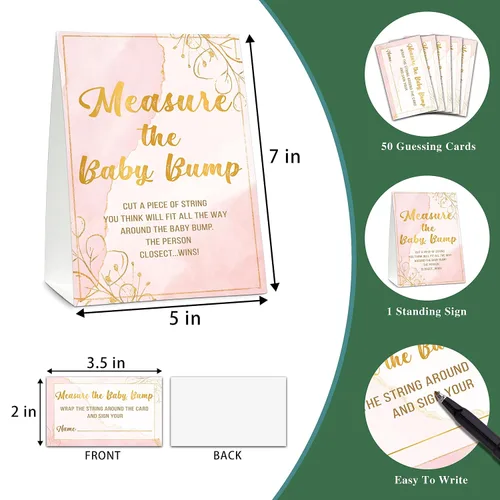 Vista 2 de Juego de baby shower, mide la protuberancia del bebé (1 letrero de pie + 50 tarjetas de búsqueda), papel de aluminio dorado con texto en inglés «How