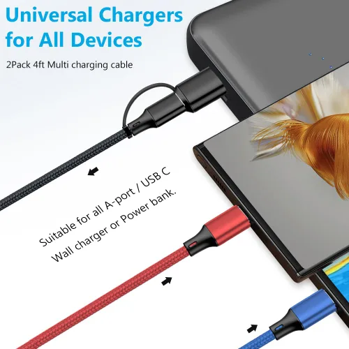 Vista 7 de Puxnoin Cable de carga múltiple 5 en 1, paquete de 2 unidades, cable de 4 pies, cargador múltiple USB C universal con conectores USB C/Micro USB