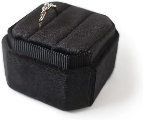 Vista 4 de Caja de terciopelo con 2 ranuras para joyería, caja de compromiso, boda, caja de recuerdo, anillo de foto nupcial, octágono de doble ranura (negro)