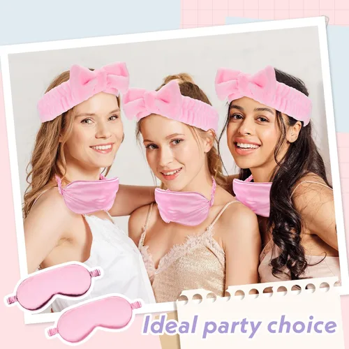 Vista 4 de Xtinmee 48 piezas de diademas de spa para fiestas de pijamas, suministros de fiesta de pijamas, máscara de ojos rosa para niñas y mujeres cumpleaños